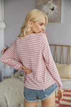 Dreamkue Crew Neck Ruffles Long Sleeves Knitted Striped Shirt