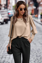 Dreamkue Crew Neck Solid Leg Of Mutton Sleeve Shirt