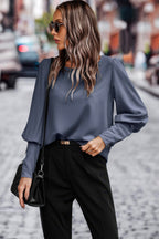 Dreamkue Crew Neck Solid Leg Of Mutton Sleeve Shirt