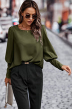 Dreamkue Crew Neck Solid Leg Of Mutton Sleeve Shirt
