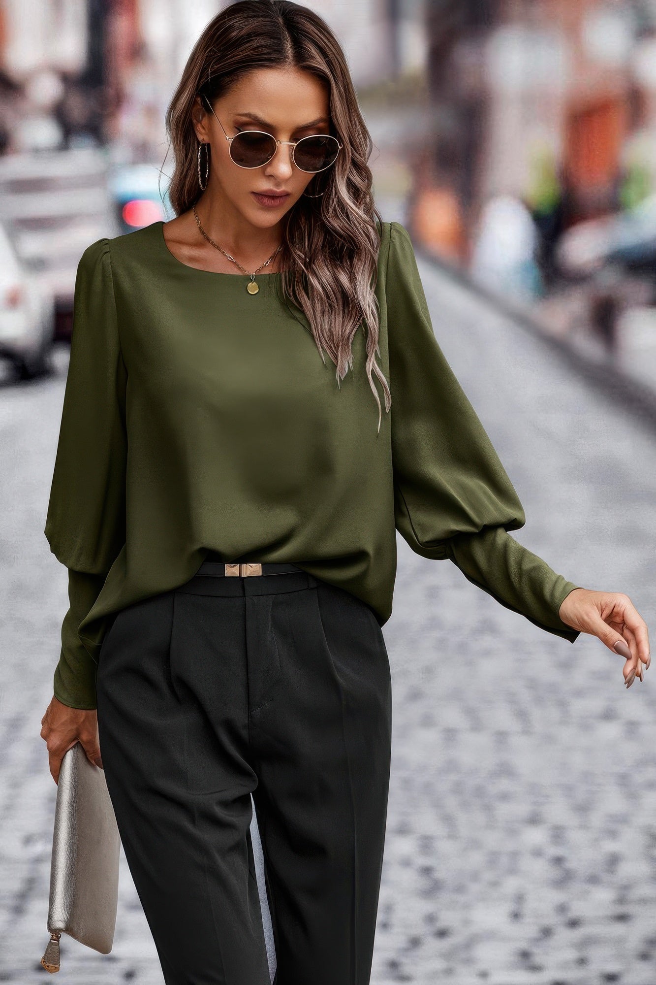 Dreamkue Crew Neck Solid Leg Of Mutton Sleeve Shirt