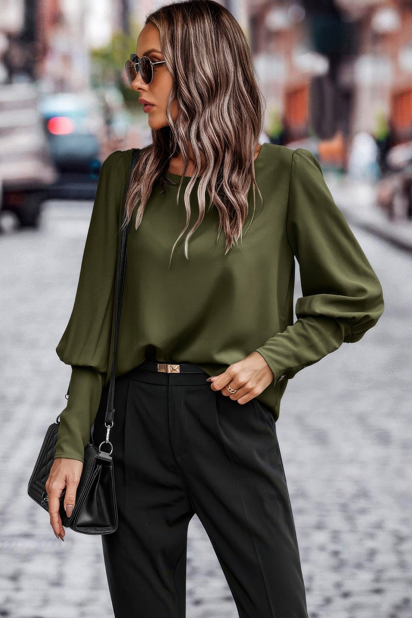 Dreamkue Crew Neck Solid Leg Of Mutton Sleeve Shirt