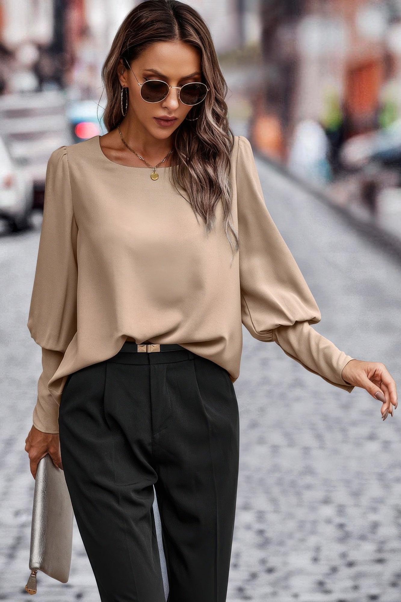 Dreamkue Crew Neck Solid Leg Of Mutton Sleeve Shirt