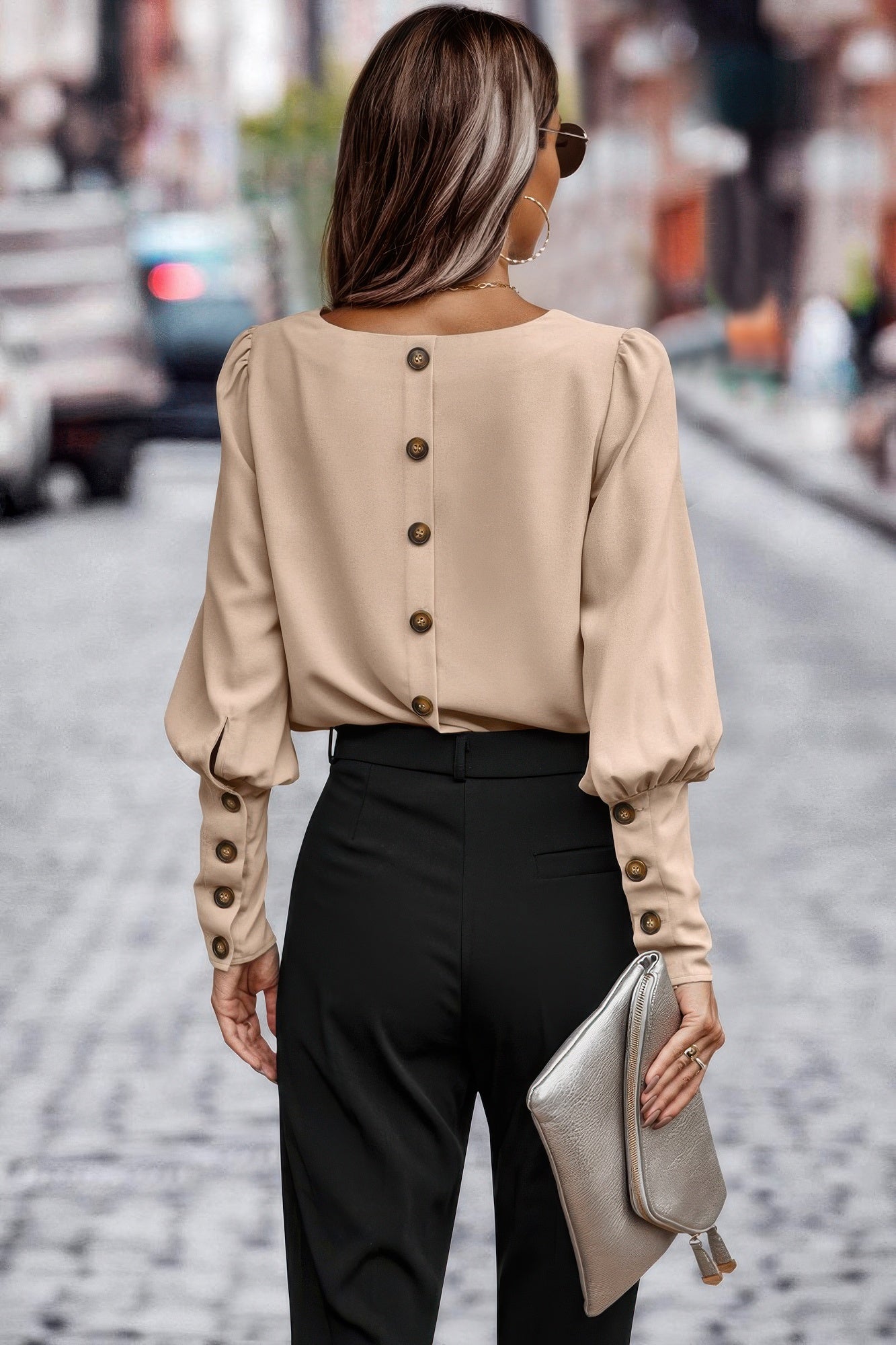 Dreamkue Crew Neck Solid Leg Of Mutton Sleeve Shirt