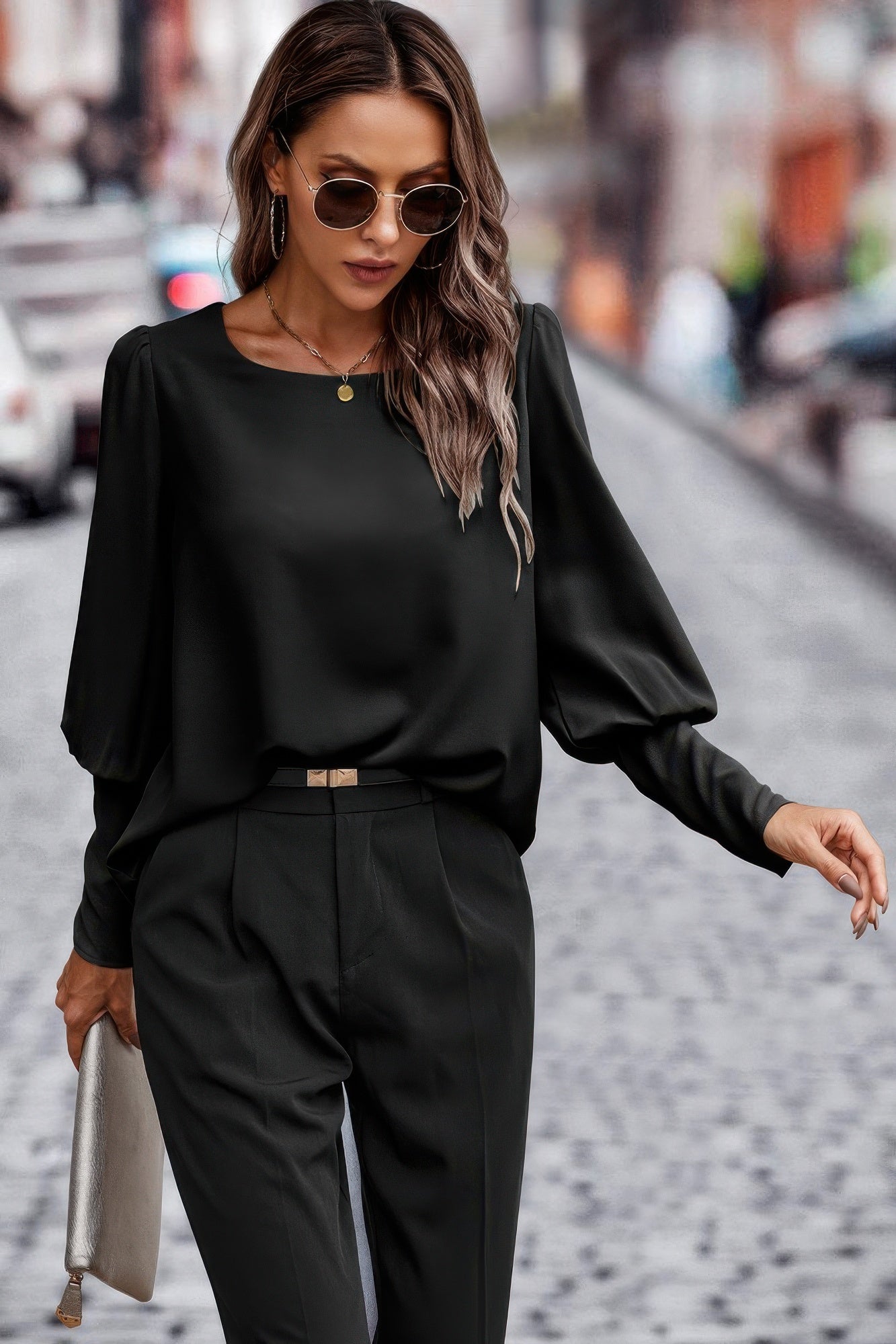 Dreamkue Crew Neck Solid Leg Of Mutton Sleeve Shirt