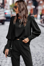 Dreamkue Crew Neck Solid Leg Of Mutton Sleeve Shirt