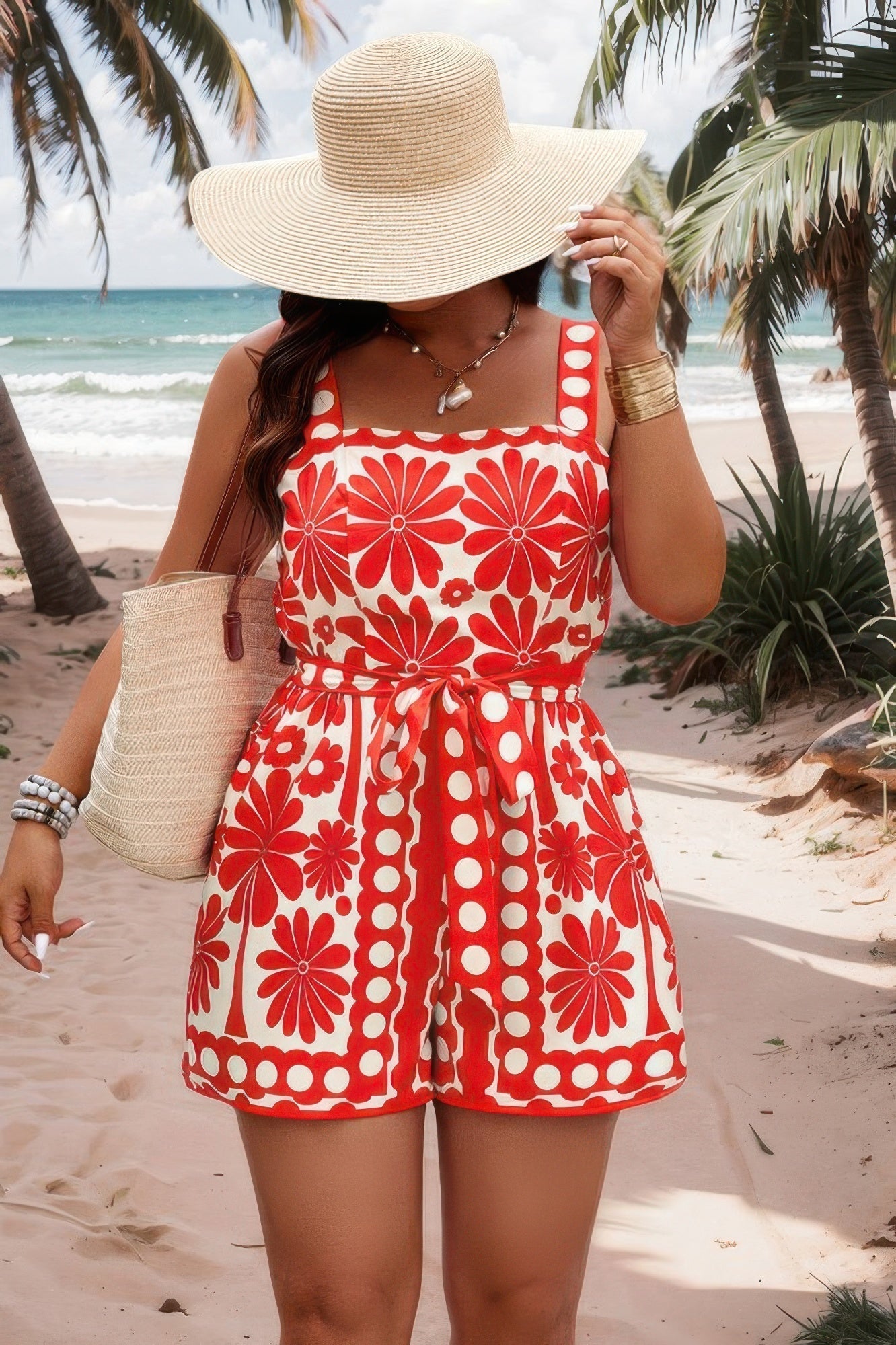 Dreamkue Curvy Random Printed Belt Sleeveless Romper