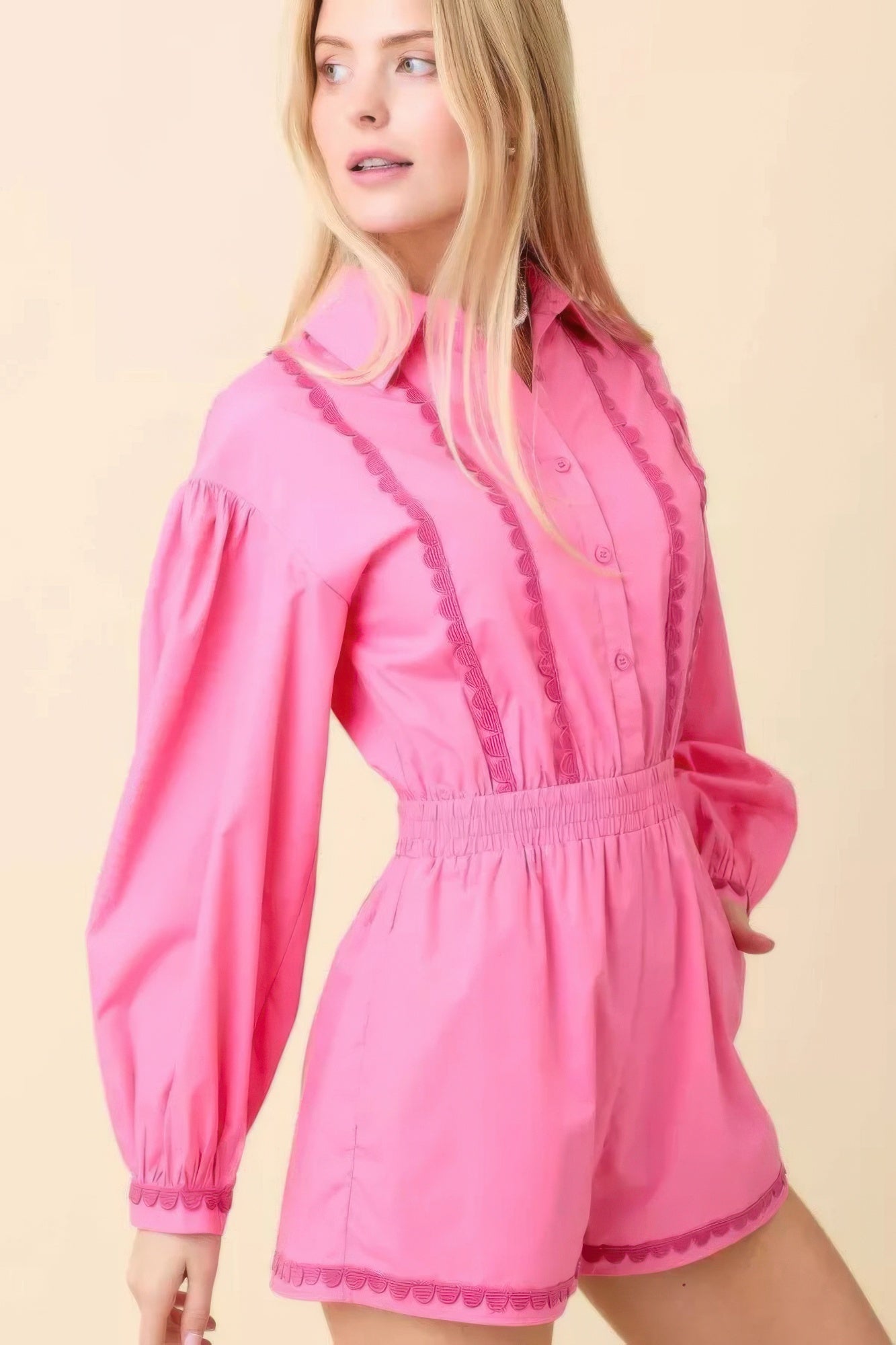 Dreamkue Long Sleeve Romper With Contrasting Scallop Lace