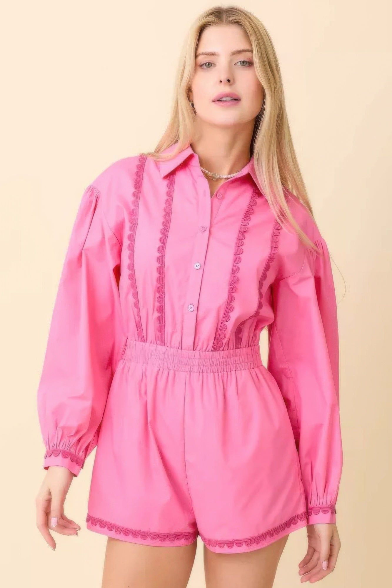 Dreamkue Long Sleeve Romper With Contrasting Scallop Lace