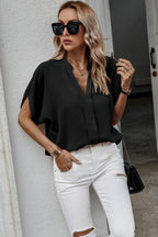 Dreamkue Notched Neck Solid Loose Fit Half Sleeve Blouse