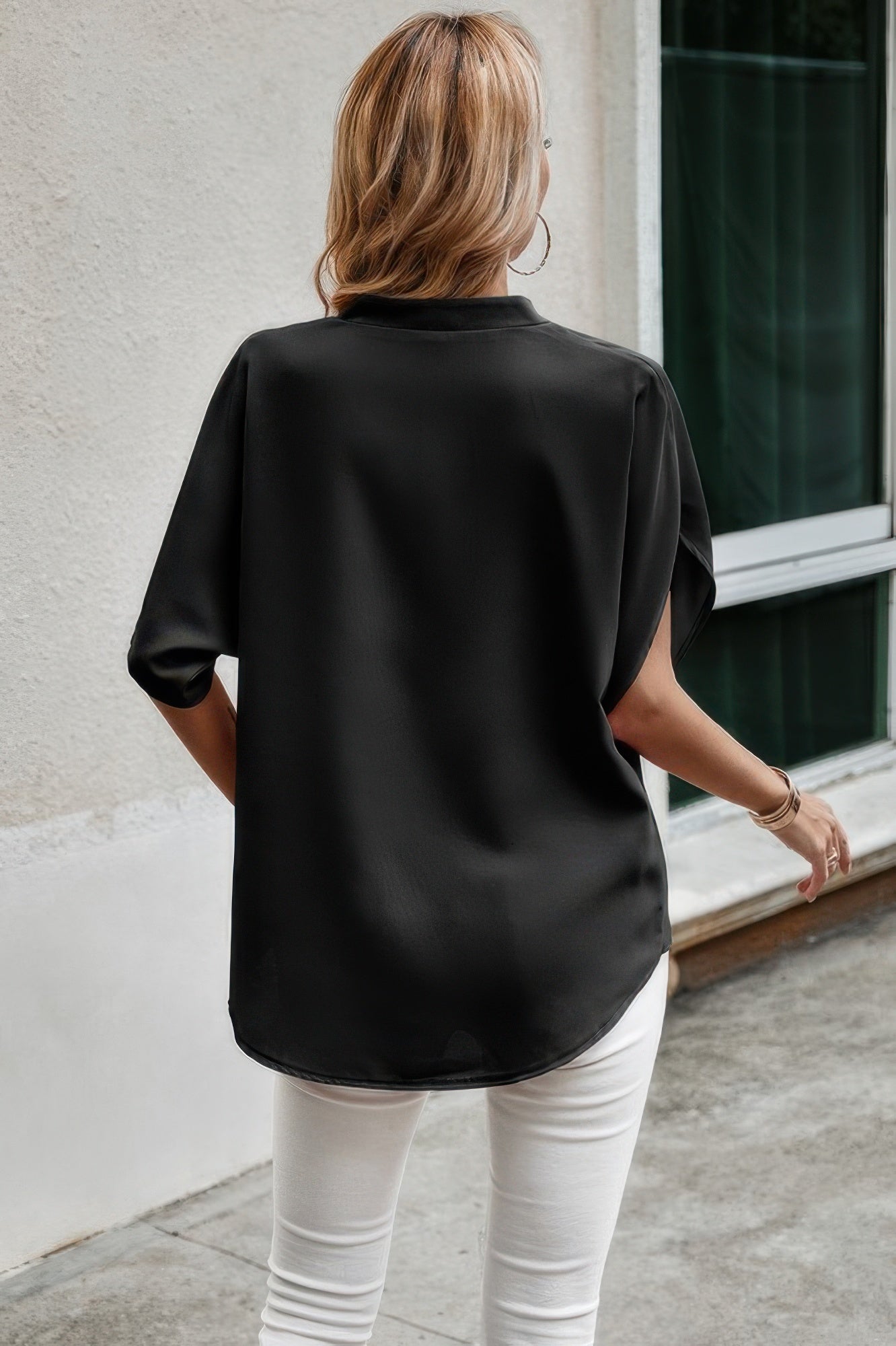 Dreamkue Notched Neck Solid Loose Fit Half Sleeve Blouse