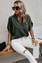 Dreamkue Notched Neck Solid Loose Fit Half Sleeve Blouse