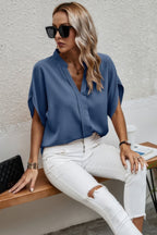 Dreamkue Notched Neck Solid Loose Fit Half Sleeve Blouse