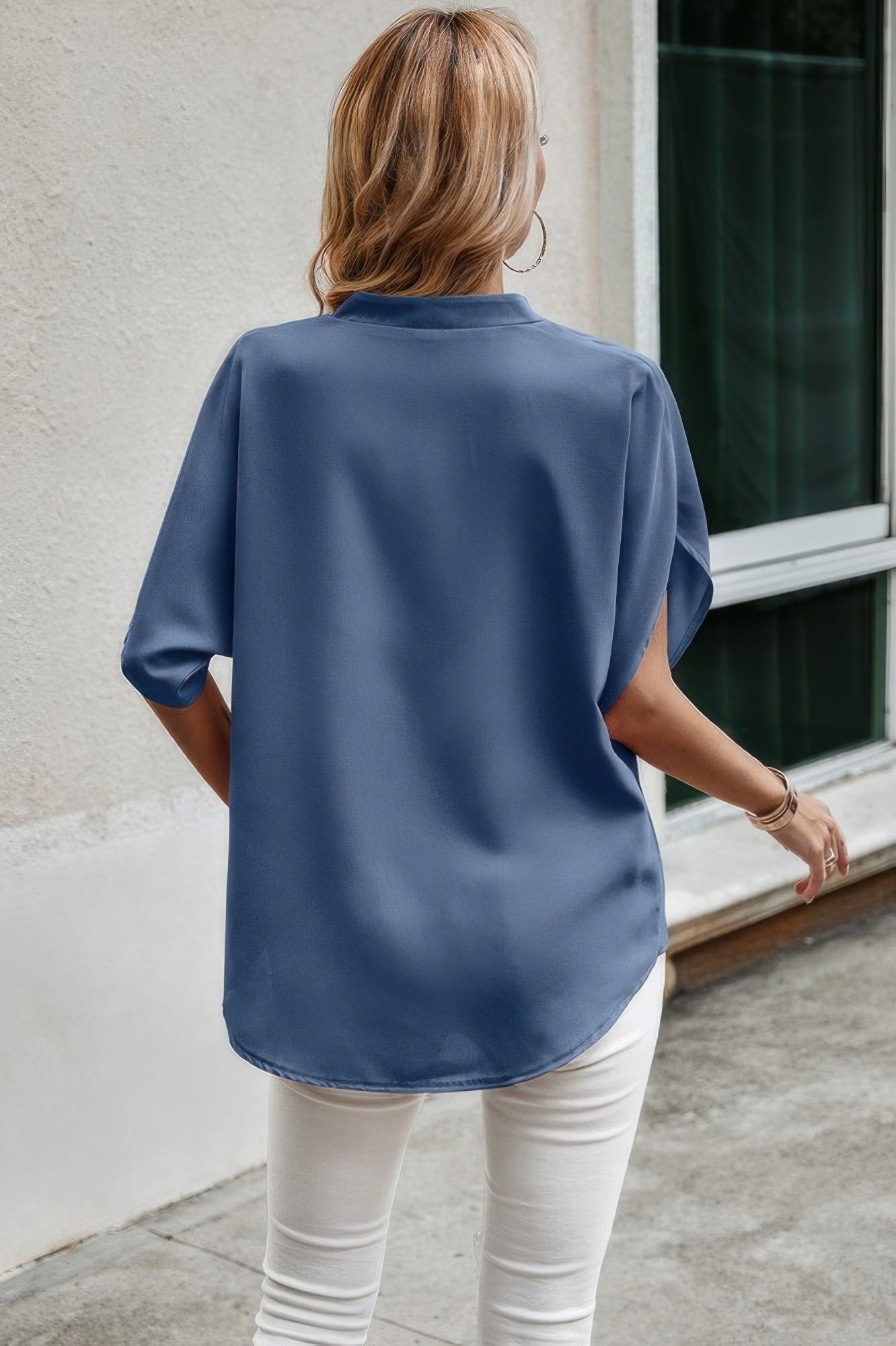 Dreamkue Notched Neck Solid Loose Fit Half Sleeve Blouse