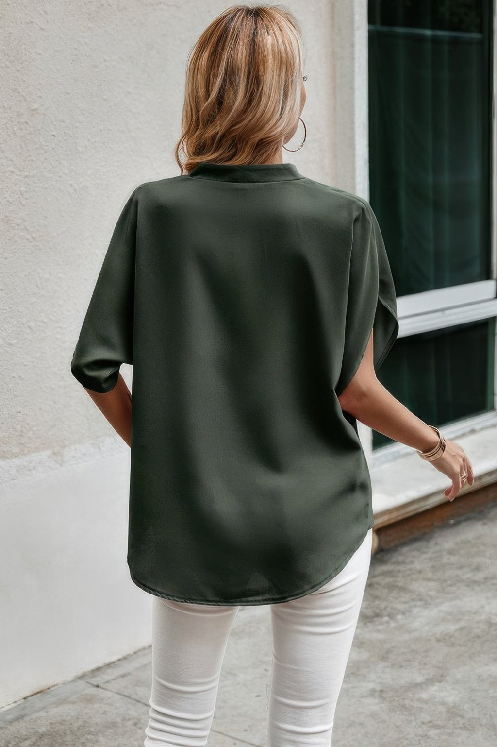 Dreamkue Notched Neck Solid Loose Fit Half Sleeve Blouse