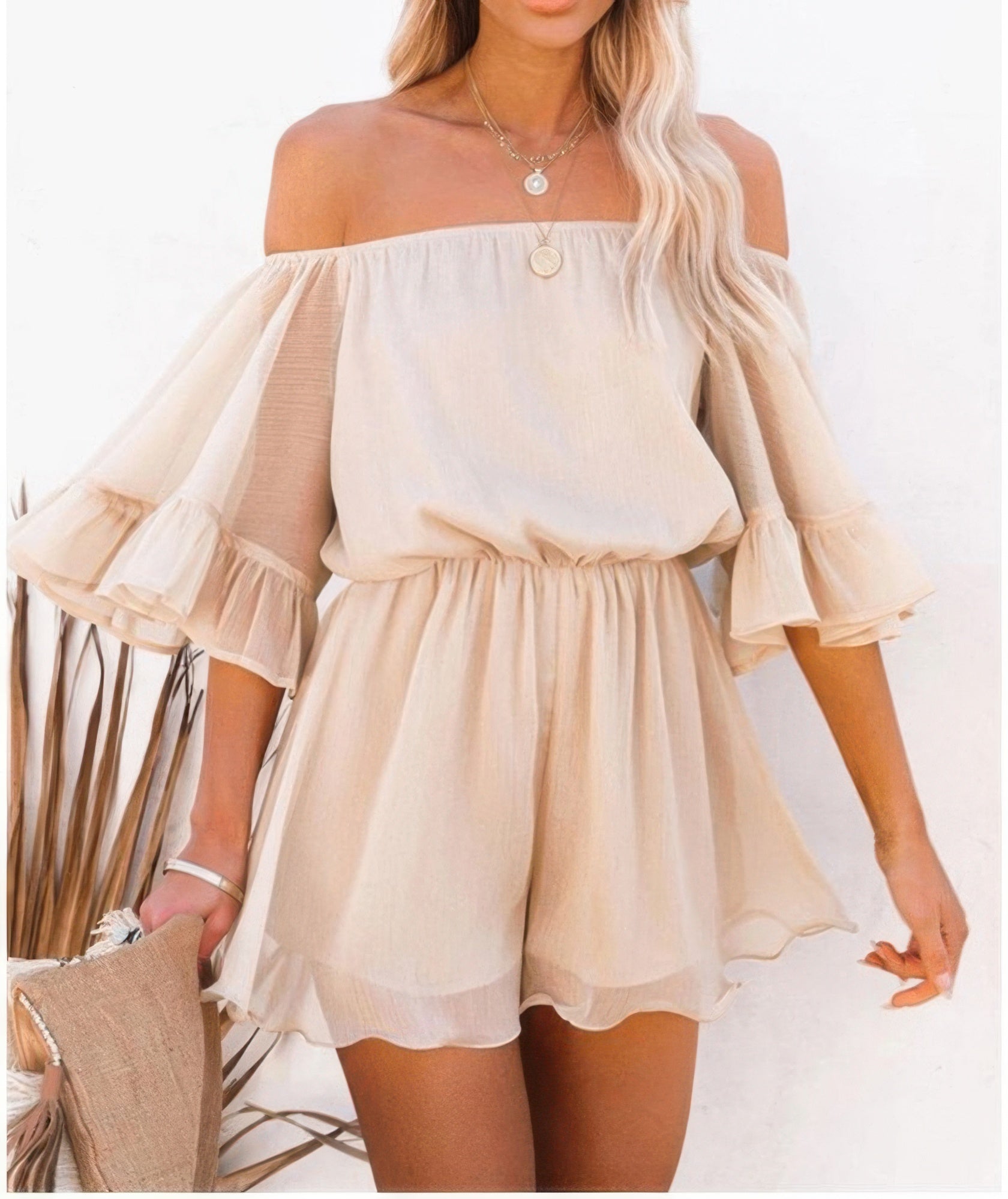 Dreamkue Off Shoulder Flounce Bell Sleeve Romper