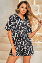 Dreamkue Outfit Sequins Lips Print Button Down Shorts Set