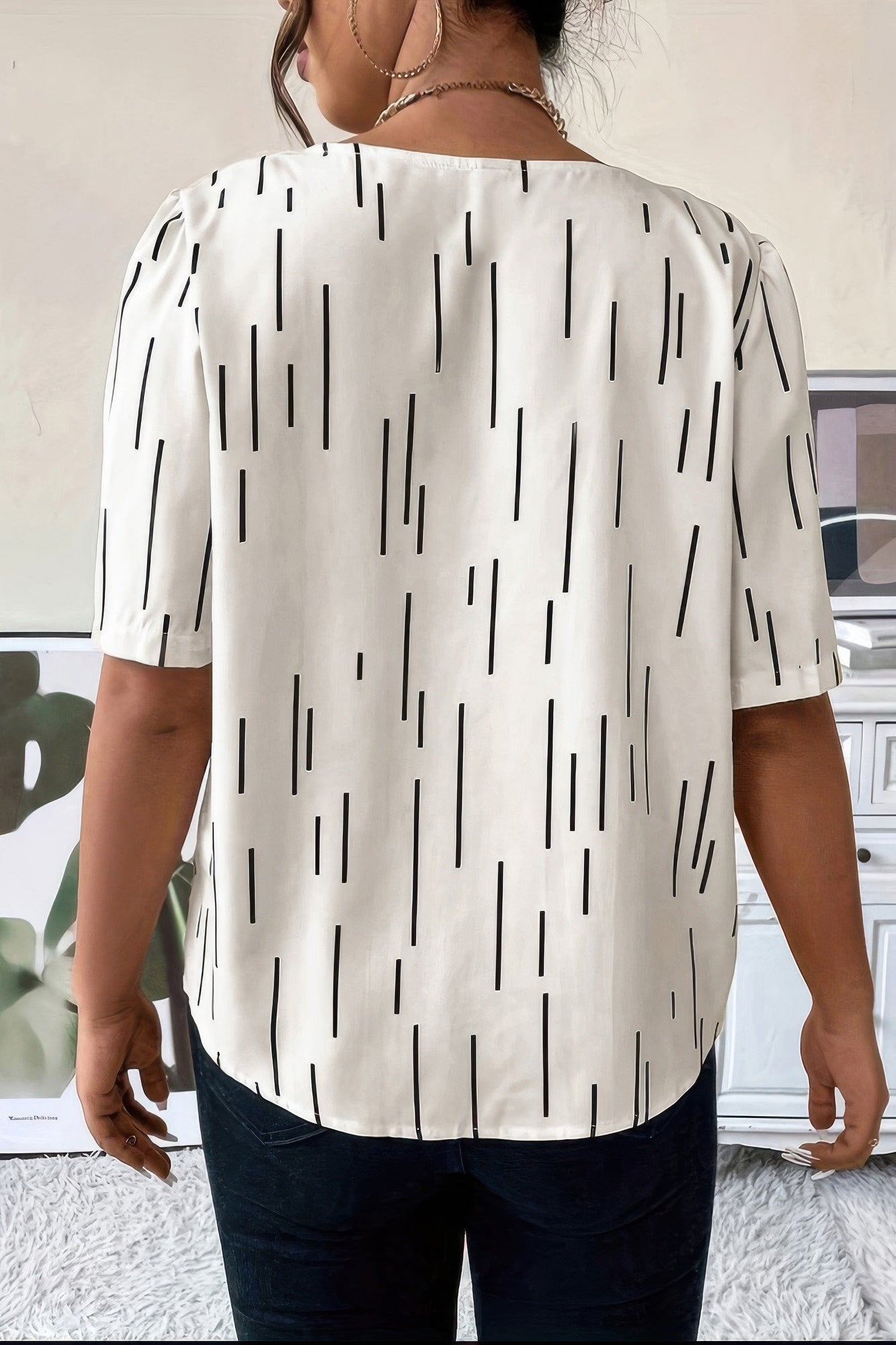 Dreamkue Printed Puff Sleeve Shirt With Line Pattern