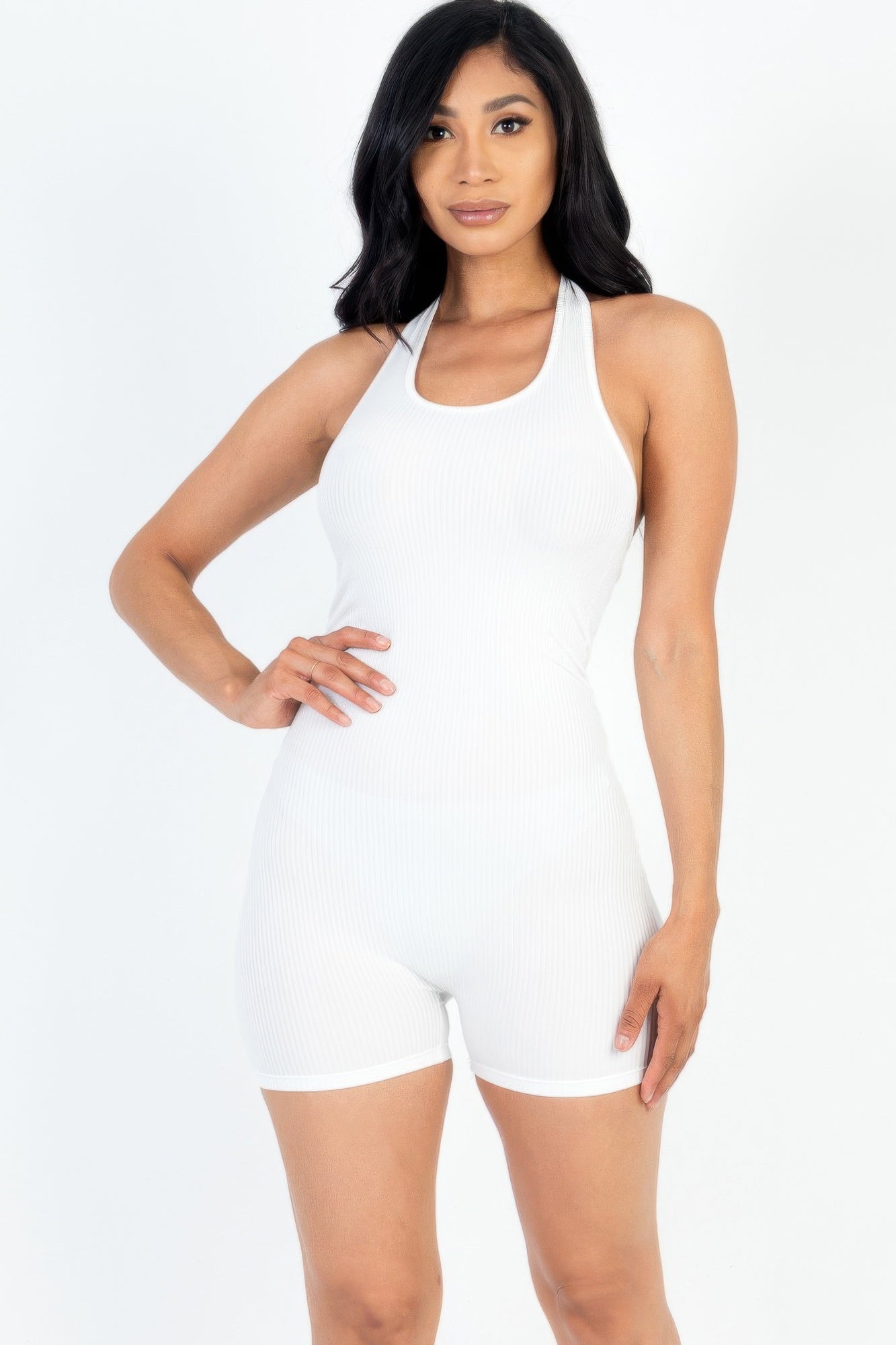 Dreamkue Ribbed Halter Neck Backless Romper