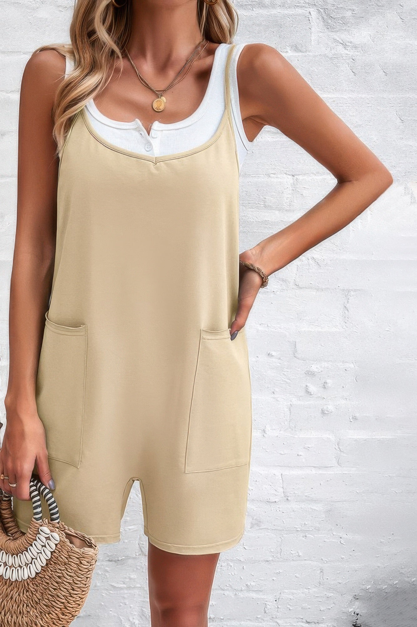 Dreamkue Scoop Neck Spaghetti Straps Loose Fit Solid Romper