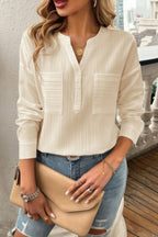 Dreamkue Solid Buttons V Neck Elegant Front Pockets Blouse