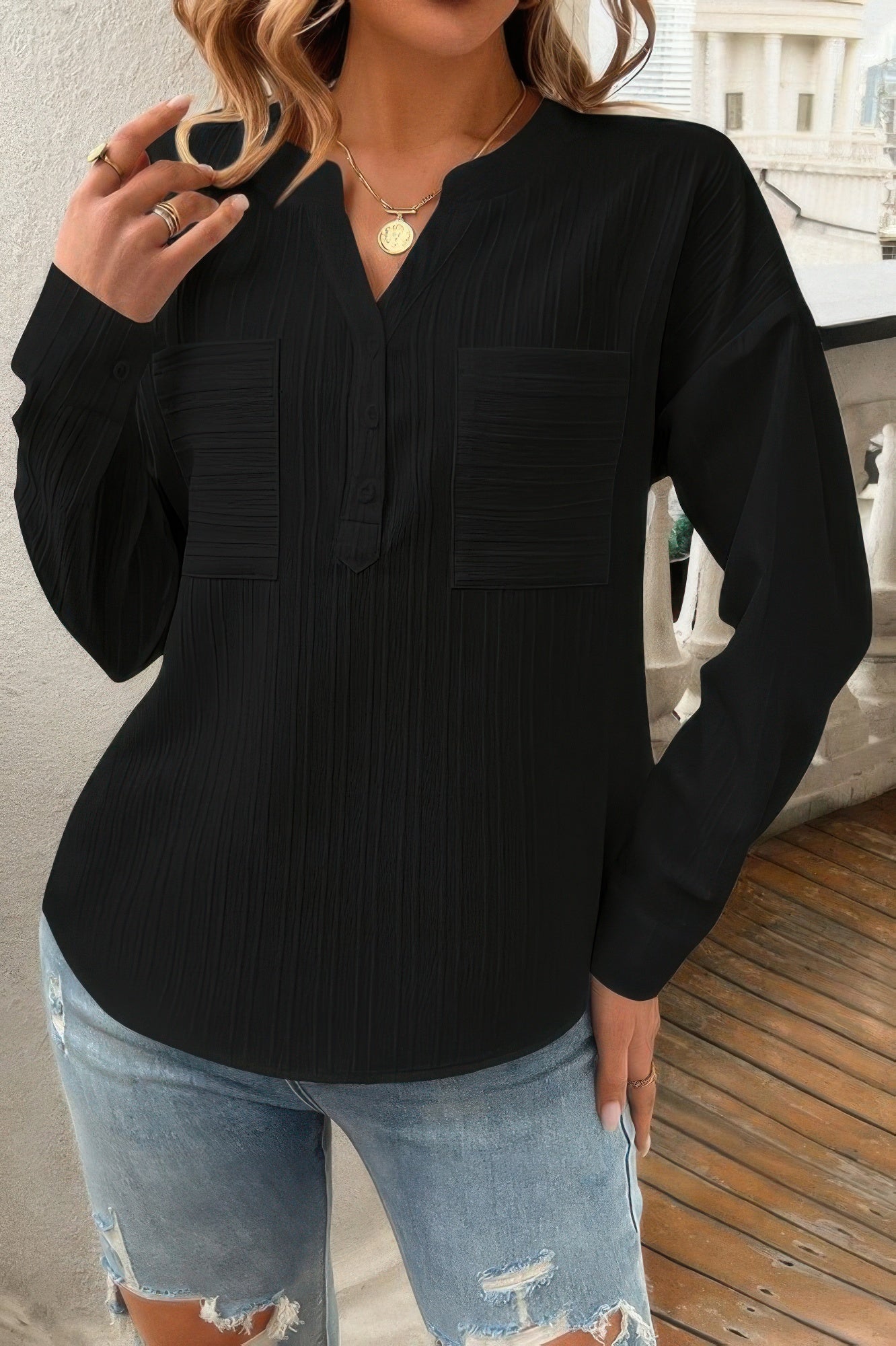 Dreamkue Solid Buttons V Neck Elegant Front Pockets Blouse