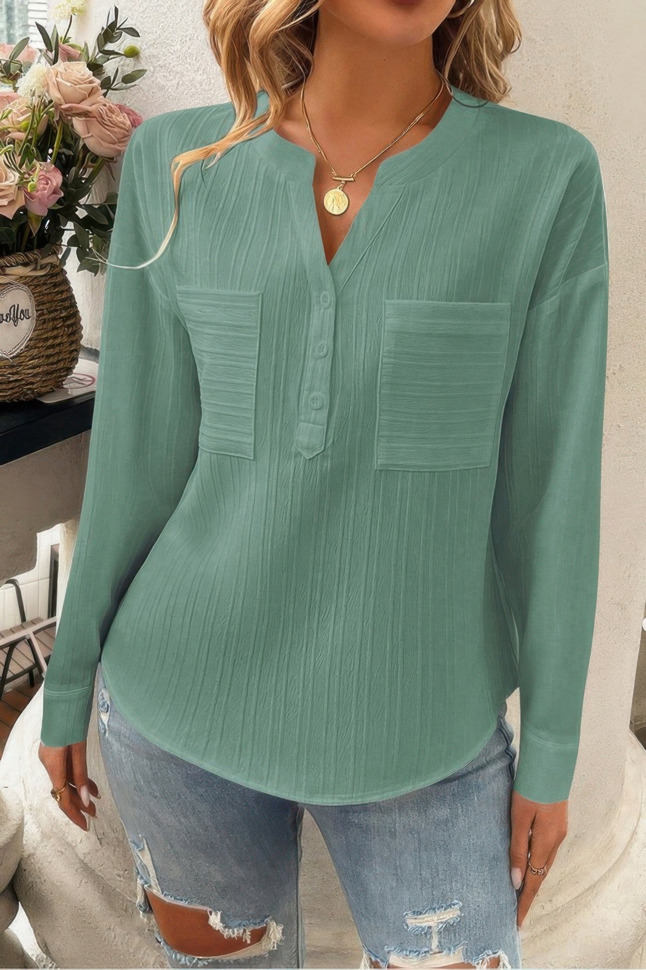 Dreamkue Solid Buttons V Neck Elegant Front Pockets Blouse