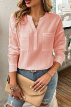 Dreamkue Solid Buttons V Neck Elegant Front Pockets Blouse