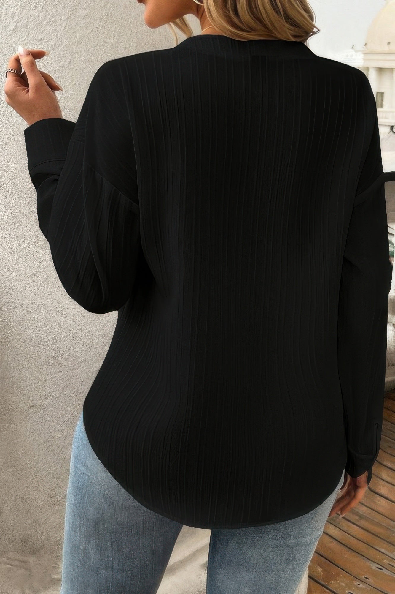Dreamkue Solid Buttons V Neck Elegant Front Pockets Blouse
