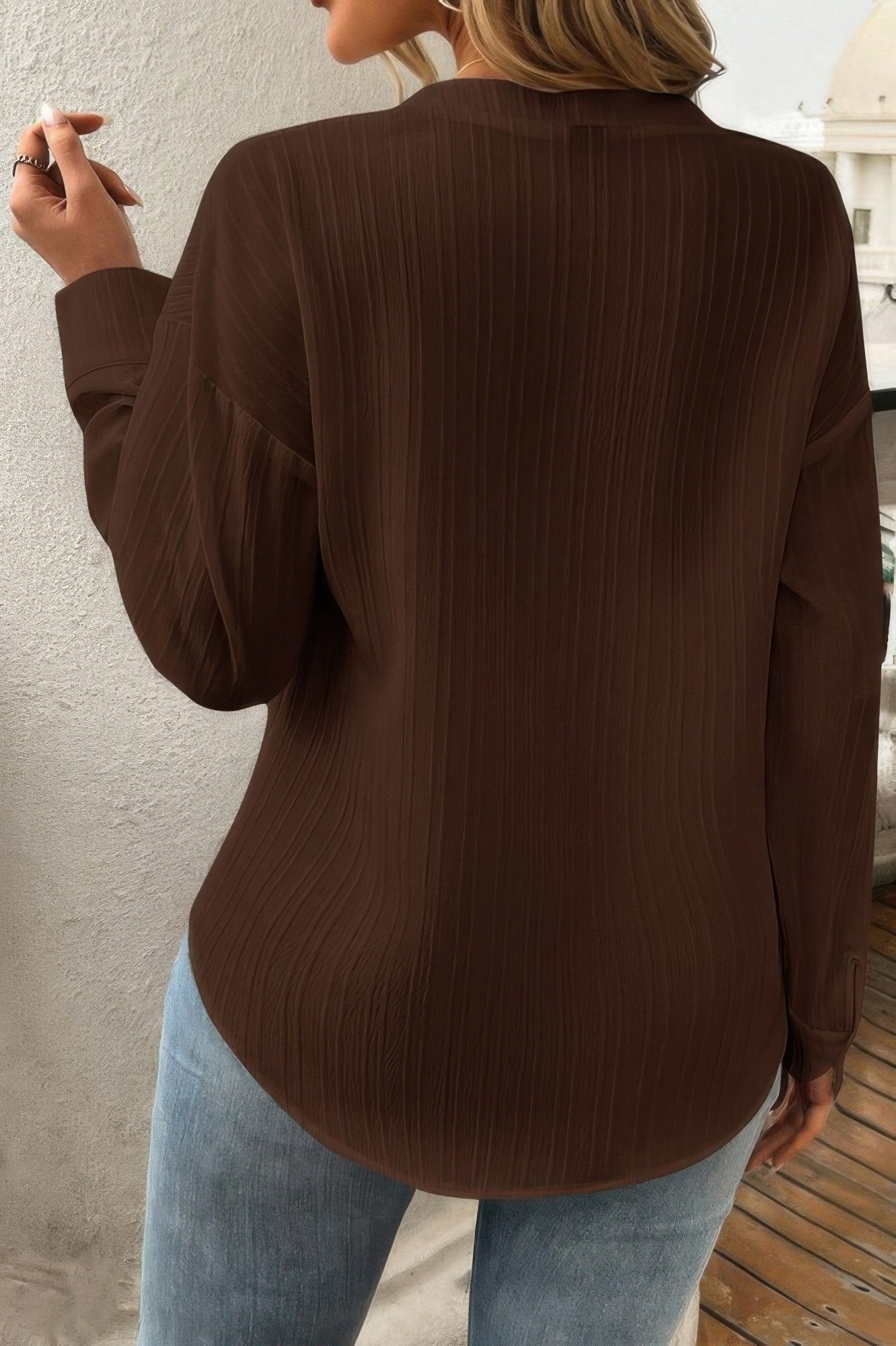 Dreamkue Solid Buttons V Neck Elegant Front Pockets Blouse