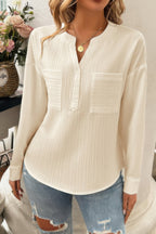 Dreamkue Solid Buttons V Neck Elegant Front Pockets Blouse