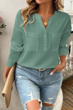 Dreamkue Solid Buttons V Neck Elegant Front Pockets Blouse