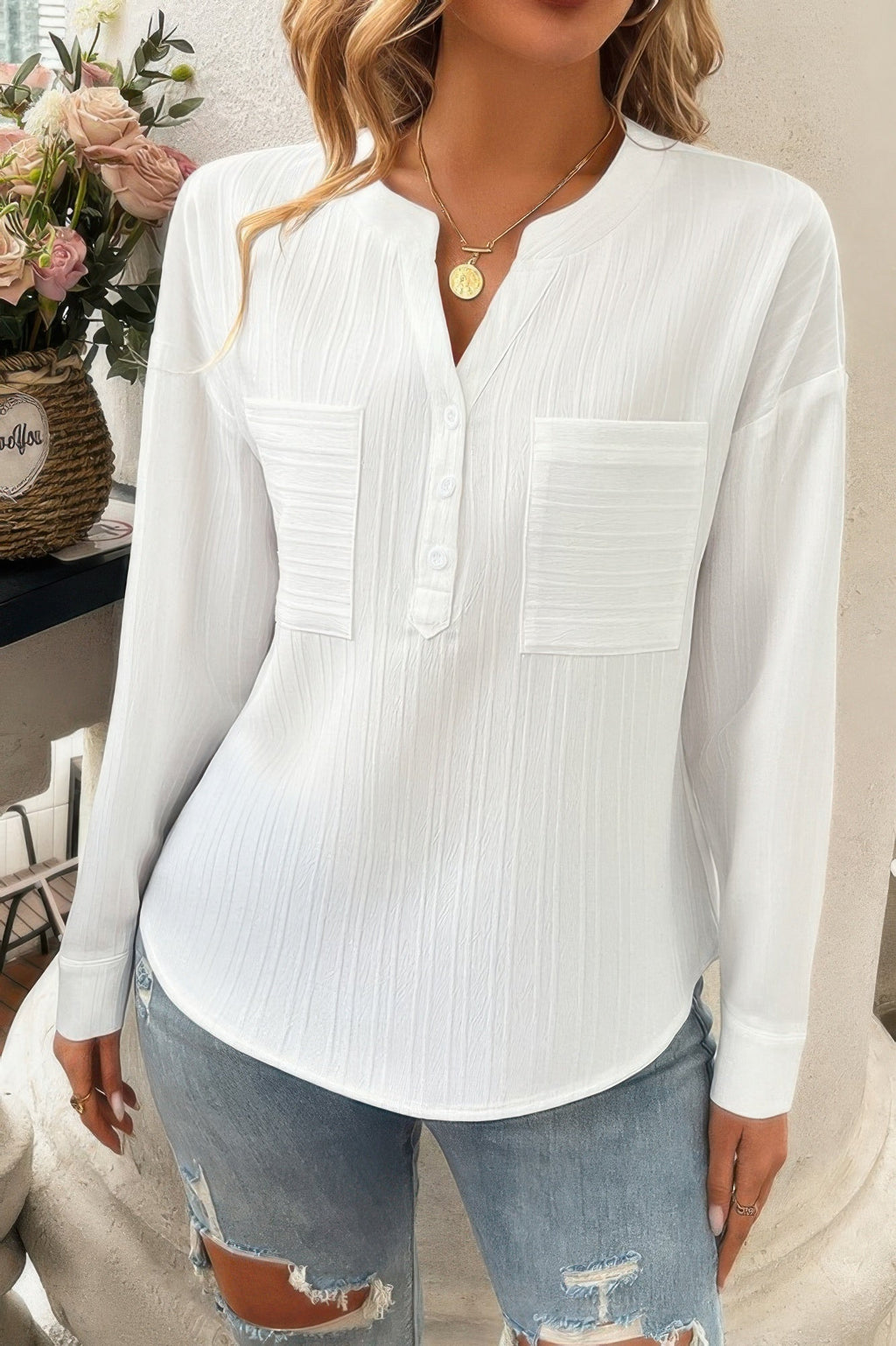 Dreamkue Solid Buttons V Neck Elegant Front Pockets Blouse