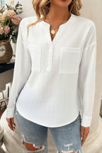 Dreamkue Solid Buttons V Neck Elegant Front Pockets Blouse