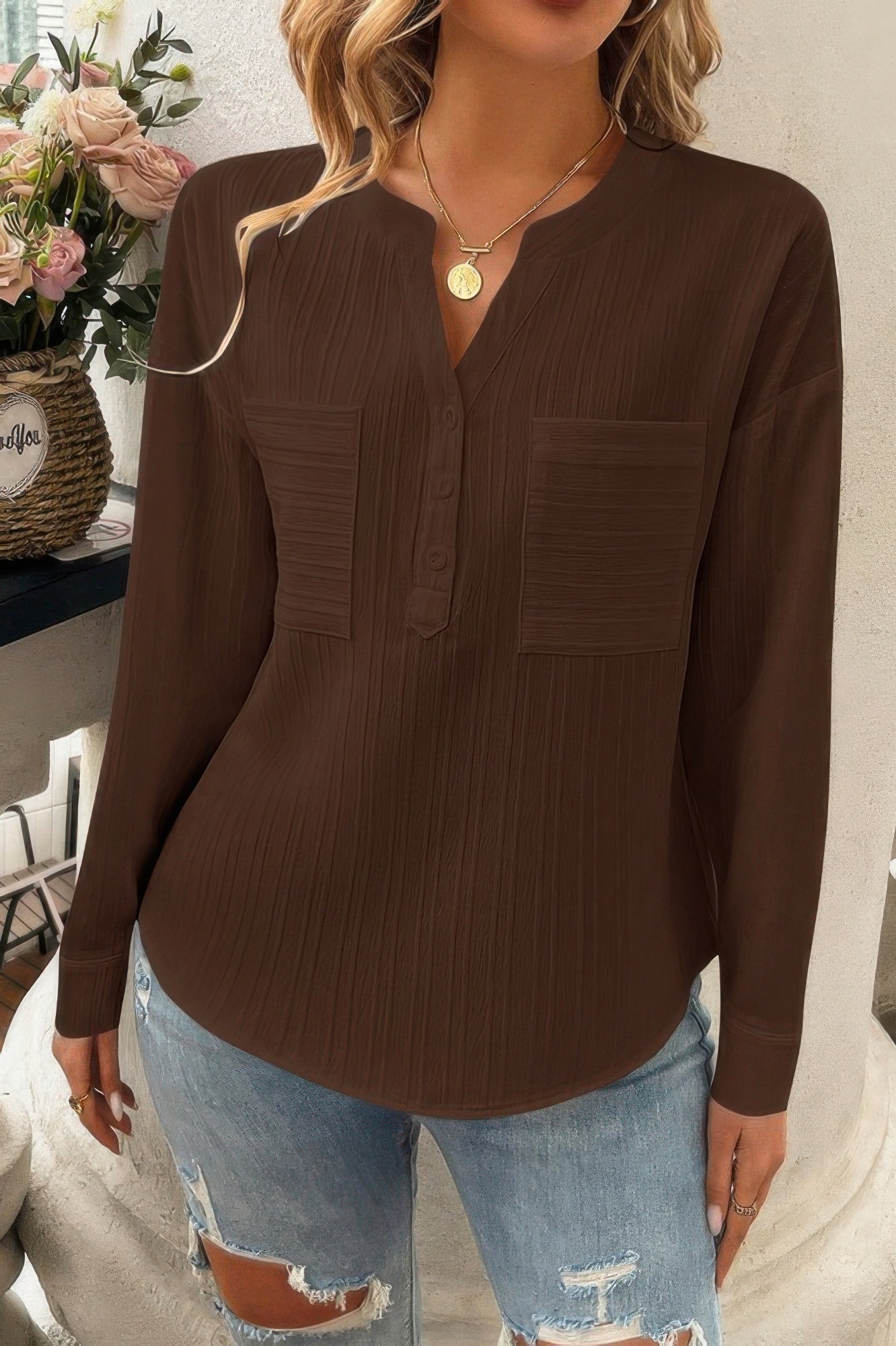 Dreamkue Solid Buttons V Neck Elegant Front Pockets Blouse