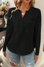 Dreamkue Solid Buttons V Neck Elegant Front Pockets Blouse