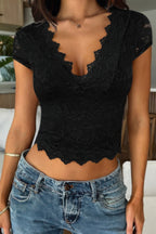 Dreamkue Solid Color Block V Neck Lace Trim Fit Shirt