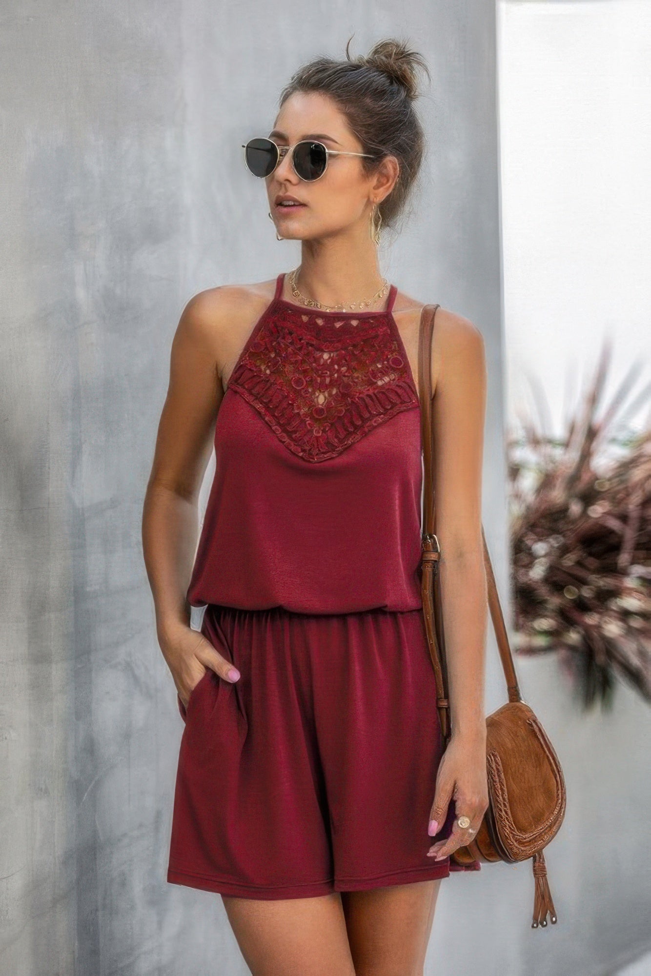Dreamkue Solid Halter Lace Sleeveless Patchwork Romper