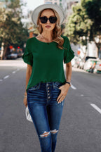 Dreamkue Solid Round Neck Ruffle Sleeve Loose Fit Blouse