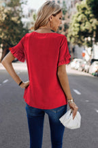 Dreamkue Solid Round Neck Ruffle Sleeve Loose Fit Blouse