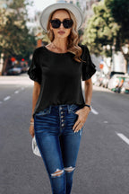 Dreamkue Solid Round Neck Ruffle Sleeve Loose Fit Blouse