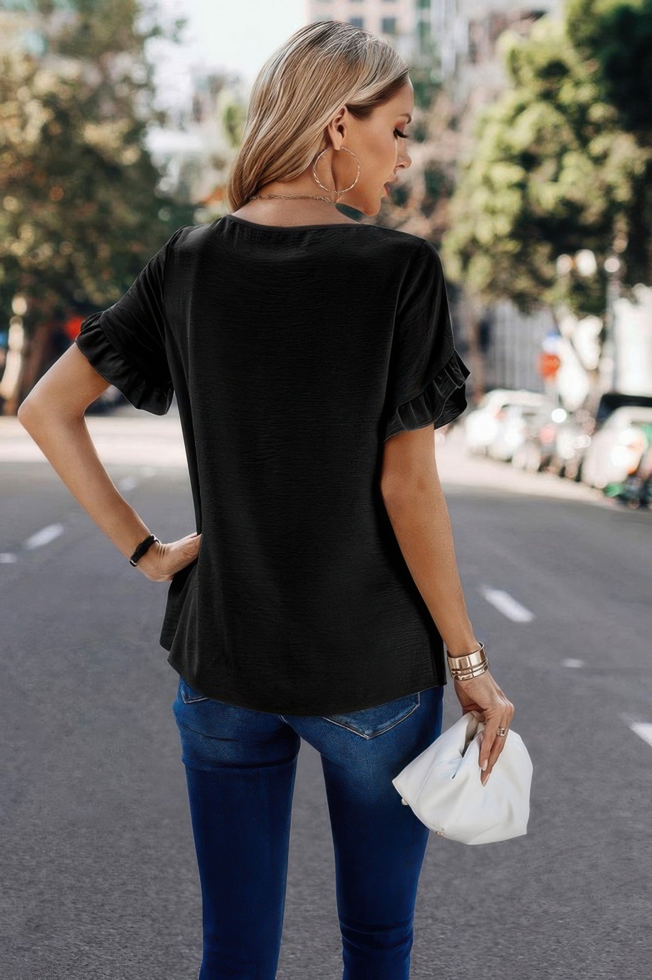 Dreamkue Solid Round Neck Ruffle Sleeve Loose Fit Blouse