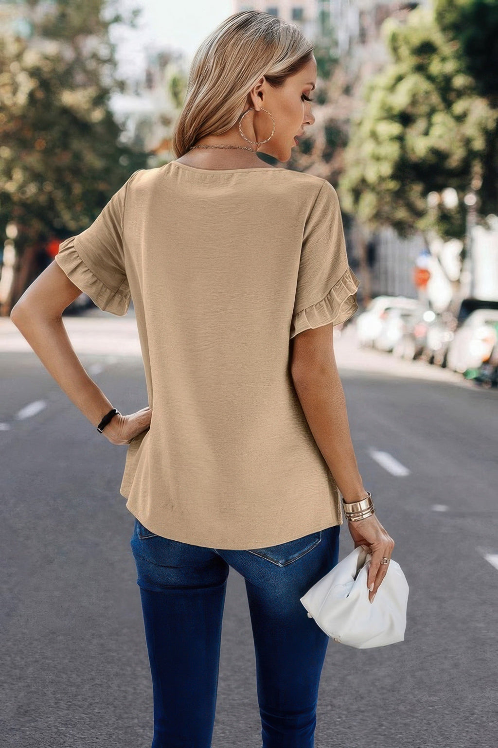 Dreamkue Solid Round Neck Ruffle Sleeve Loose Fit Blouse