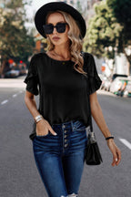 Dreamkue Solid Round Neck Ruffle Sleeve Loose Fit Blouse