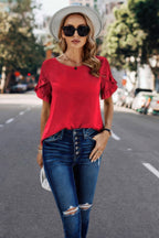 Dreamkue Solid Round Neck Ruffle Sleeve Loose Fit Blouse
