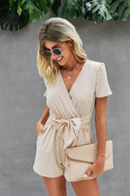 Dreamkue Stretch Belted Plunge Neck Wrap Knot Side Romper