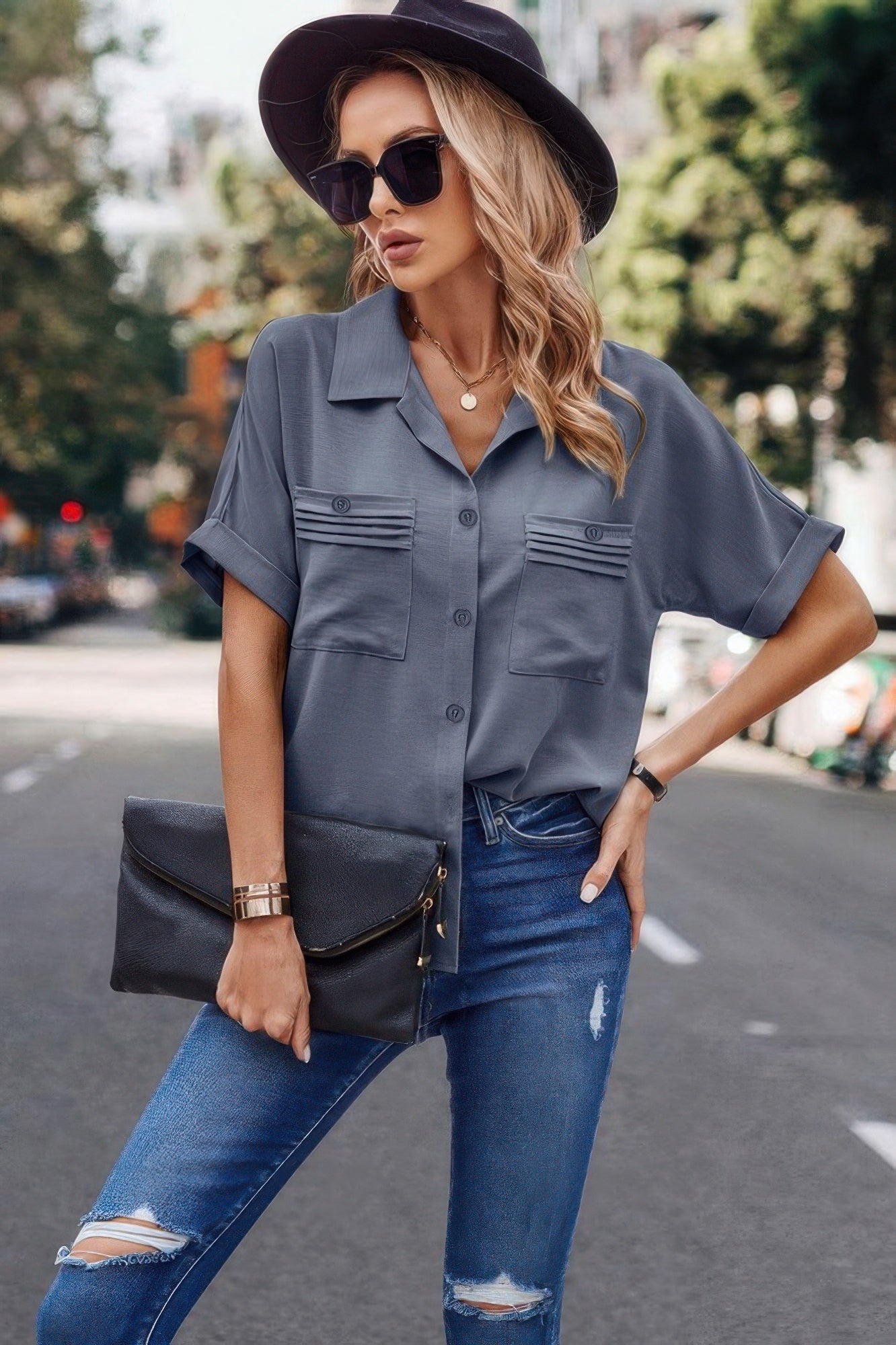 Dreamkue V Neck Button Down Roll Up Sleeve Loose Pocket Blouse