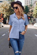 Dreamkue V Neck Button Down Roll Up Sleeve Loose Pocket Blouse