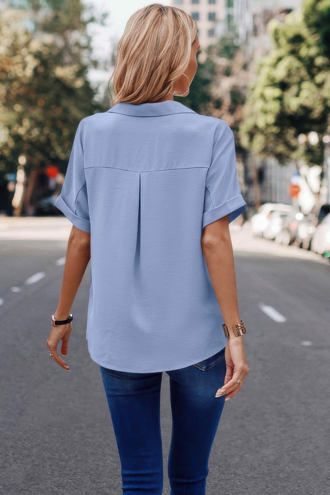 Dreamkue V Neck Button Down Roll Up Sleeve Loose Pocket Blouse