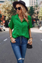 Dreamkue V Neck Button Down Roll Up Sleeve Loose Pocket Blouse